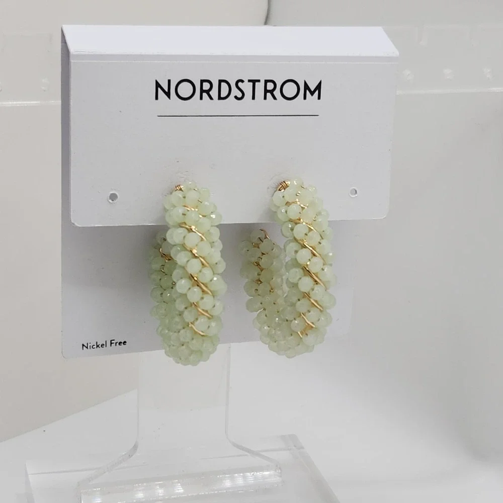 Nordstrom Mint Green Beaded Hoop Earrings Gold Tone Boho Spring Summer